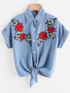 Romwe Floral Embroidered Patch Knot Front Cuffed Chambray Shirt