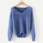 Romwe Lace-up Back Solid Fuzzy Jumper