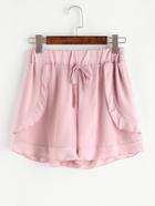 Romwe Pink Drawstring Ruffle Trim Chiffon Shorts