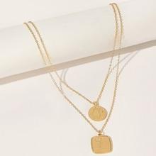 Romwe Engraved Round & Square Pendant Chain Necklace 1pc