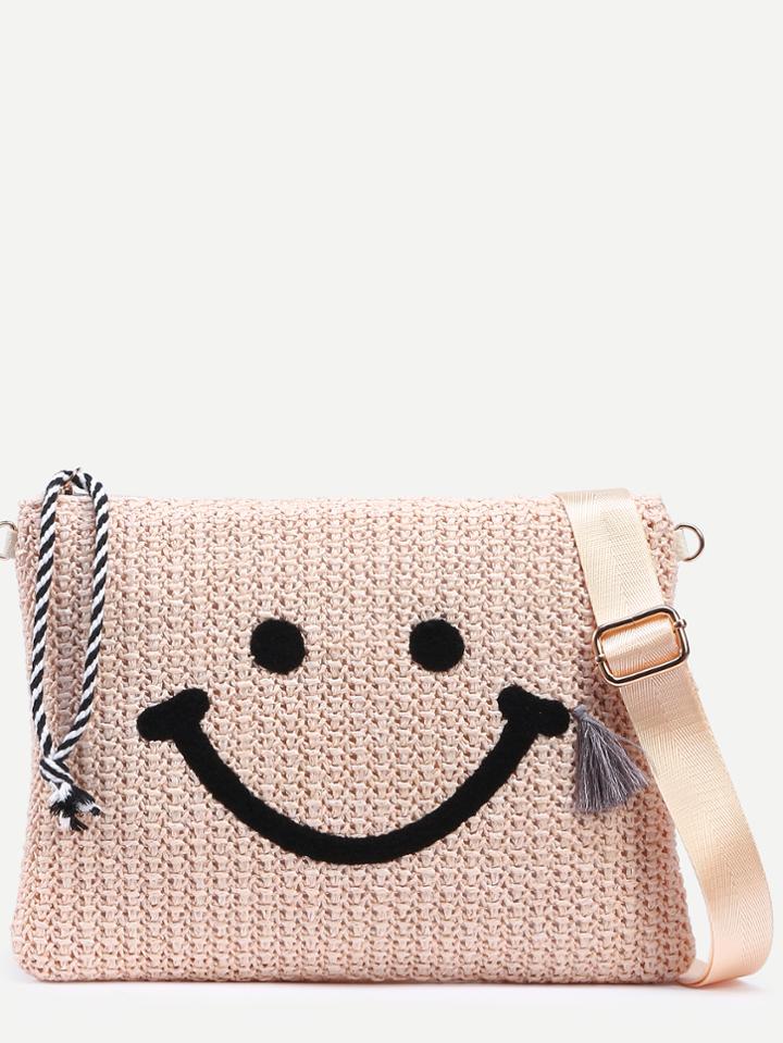 Romwe Beige Smiley Face Embroidered Straw Crossbody Bag
