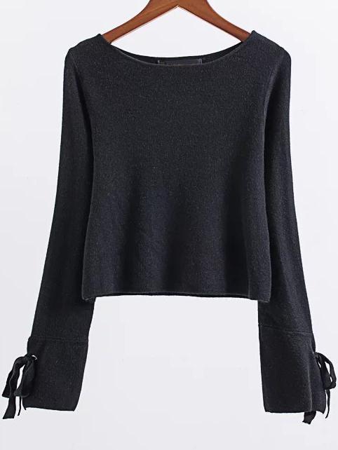Romwe Black Round Neck Tie Sleeve Knitwear