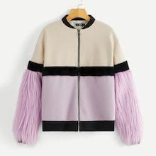 Romwe Zip Up Faux Fur Sleeve Color Block Coat