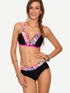 Romwe Zip Front Cutout Multicolor Flower Print Bikini Set