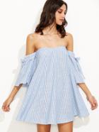 Romwe Blue Vertical Striped Off The Shoulder Swing Dress