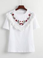 Romwe Embroidery Floral Tassel Tee