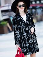 Romwe Black V Neck Long Sleeve Print Coat