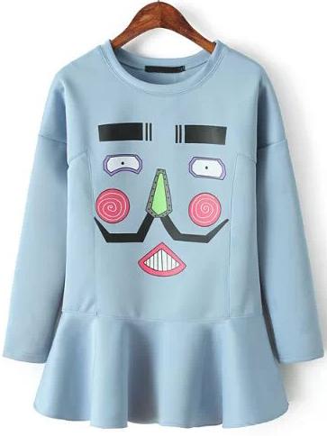 Romwe Blue Long Sleeve Round Neck Ruffle Dress