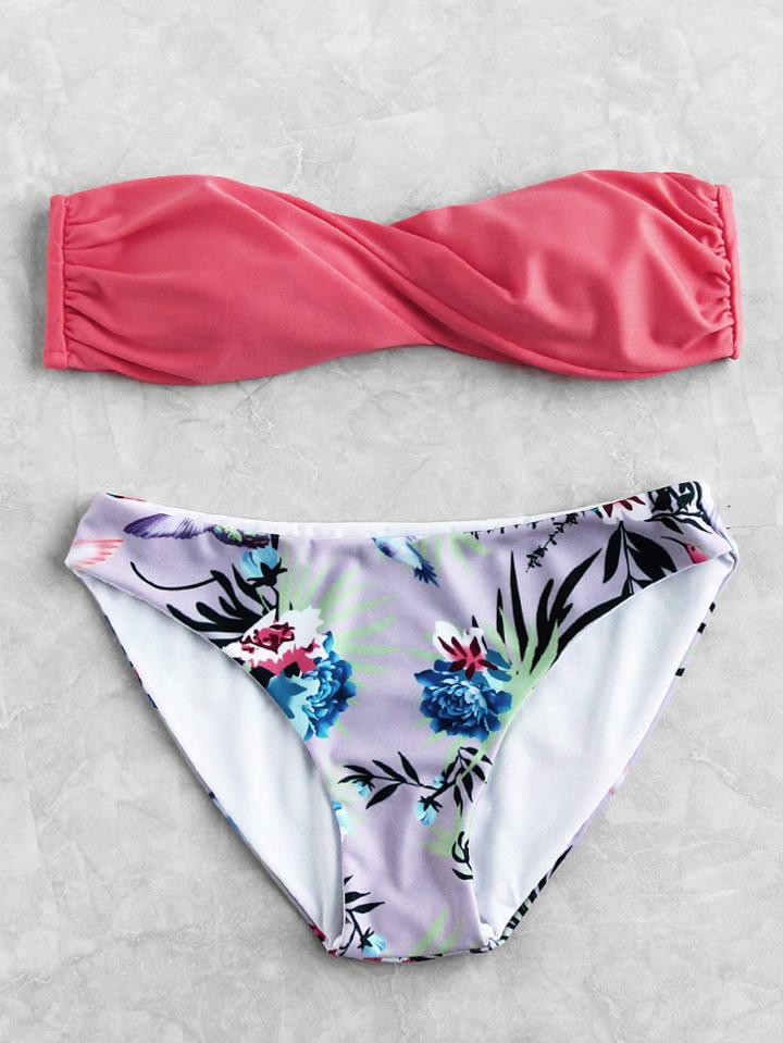 Romwe Calico Print Twist Bandeau Mix & Match Bikini Set