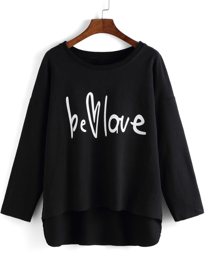 Romwe Black Round Neck Letters Print Dip Hem T-shirt