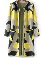 Romwe With Pockets Camouflage Pale Yellow Cardigan