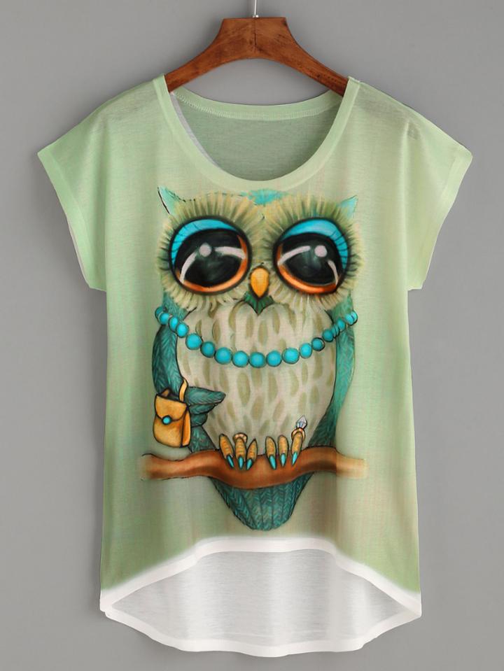 Romwe Owl Print High Low T-shirt