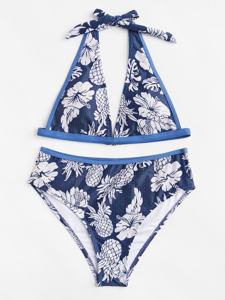 Romwe Pineapple Print V Plunge Bikini Set