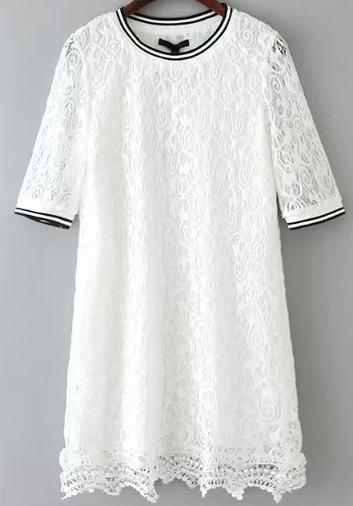 Romwe White Short Sleeve Hollow Lace Dress