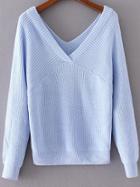 Romwe Blue Double V Neck Loose Sweater