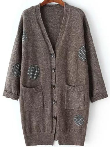 Romwe Polka Dot Buttons Pockets Long Coffee Cardigan