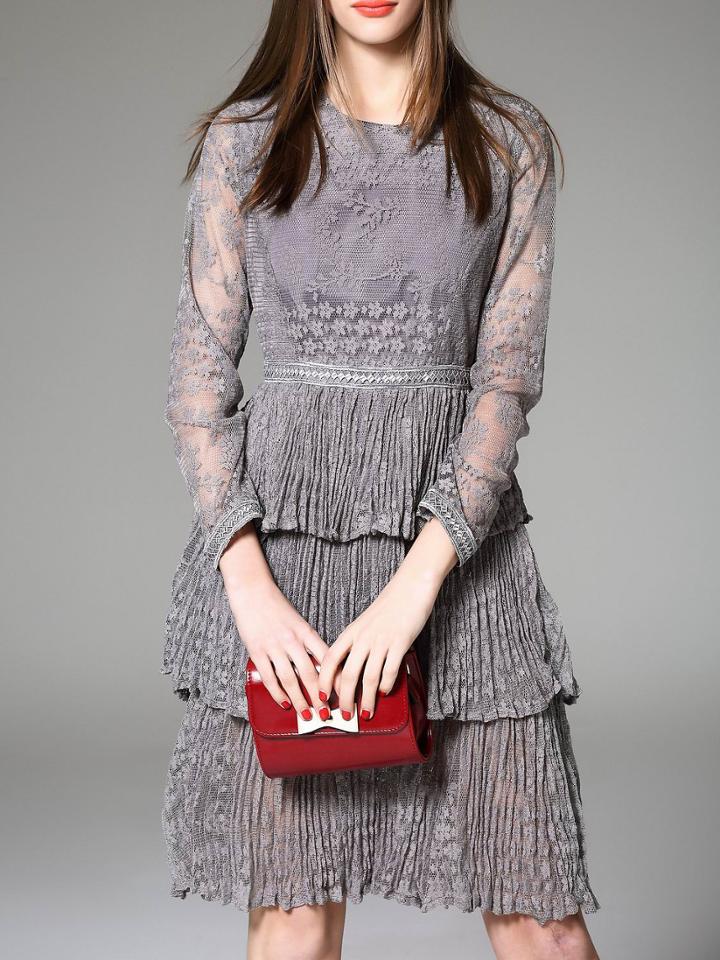 Romwe Grey Sheer Ruffle Pleated Lace Dress