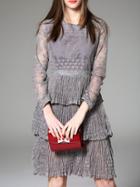 Romwe Grey Sheer Ruffle Pleated Lace Dress