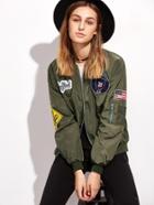 Romwe Army Green Embroidered Patches Zip Up Bomber Jacket
