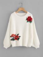 Romwe 3d Flower Patch Fluffy Jumper