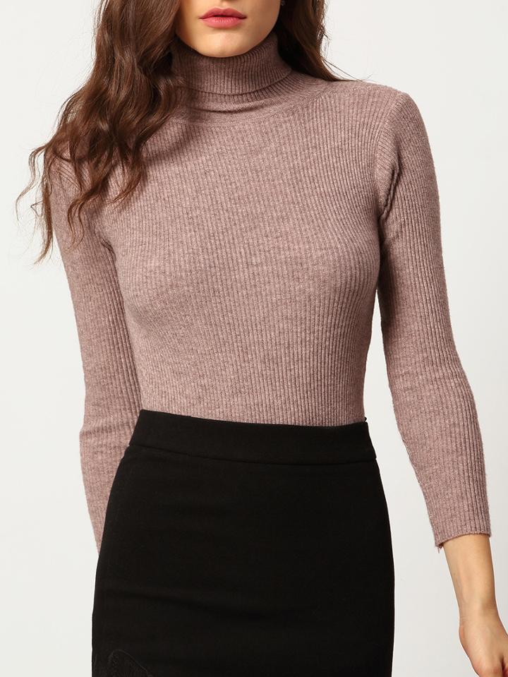 Romwe Pink High Neck Skinny Knitwear