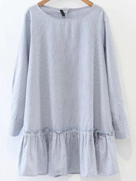 Romwe Blue Vertical Striped Ruffle Hem Shirt Dress
