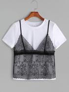 Romwe Contrast Floral Lace Cami Overlay T-shirt