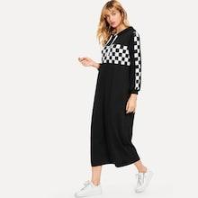 Romwe Plaid Drawstring Detail Dress