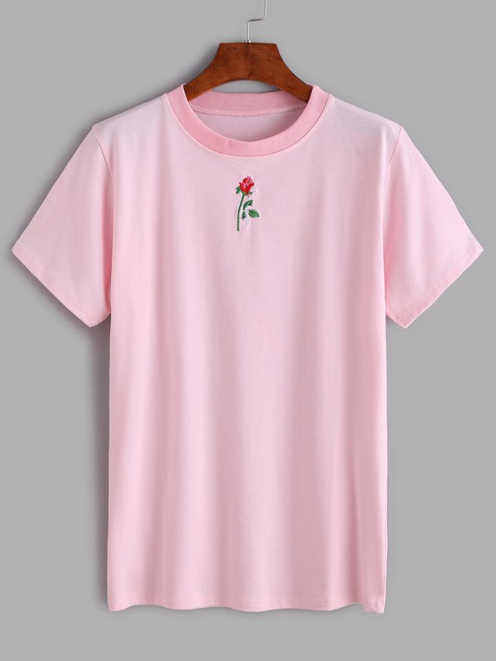 Romwe Pink Rose Embroidered T-shirt