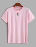 Romwe Pink Rose Embroidered T-shirt