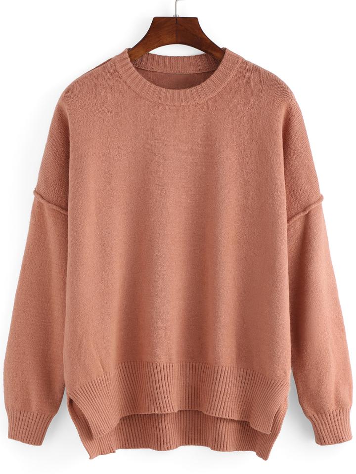 Romwe High Low Slit Pink Sweater