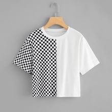 Romwe Contrast Gingham Crop Tee
