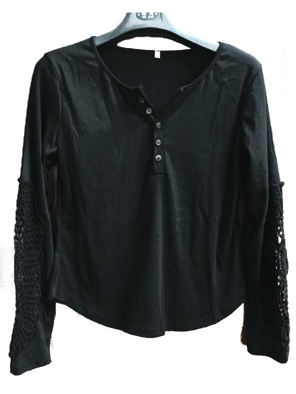 Romwe Lace Crochet Buttons Black T-shirt