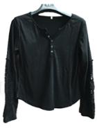Romwe Lace Crochet Buttons Black T-shirt