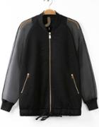 Romwe Black Contrast Sheer Organza Jacquard Jacket