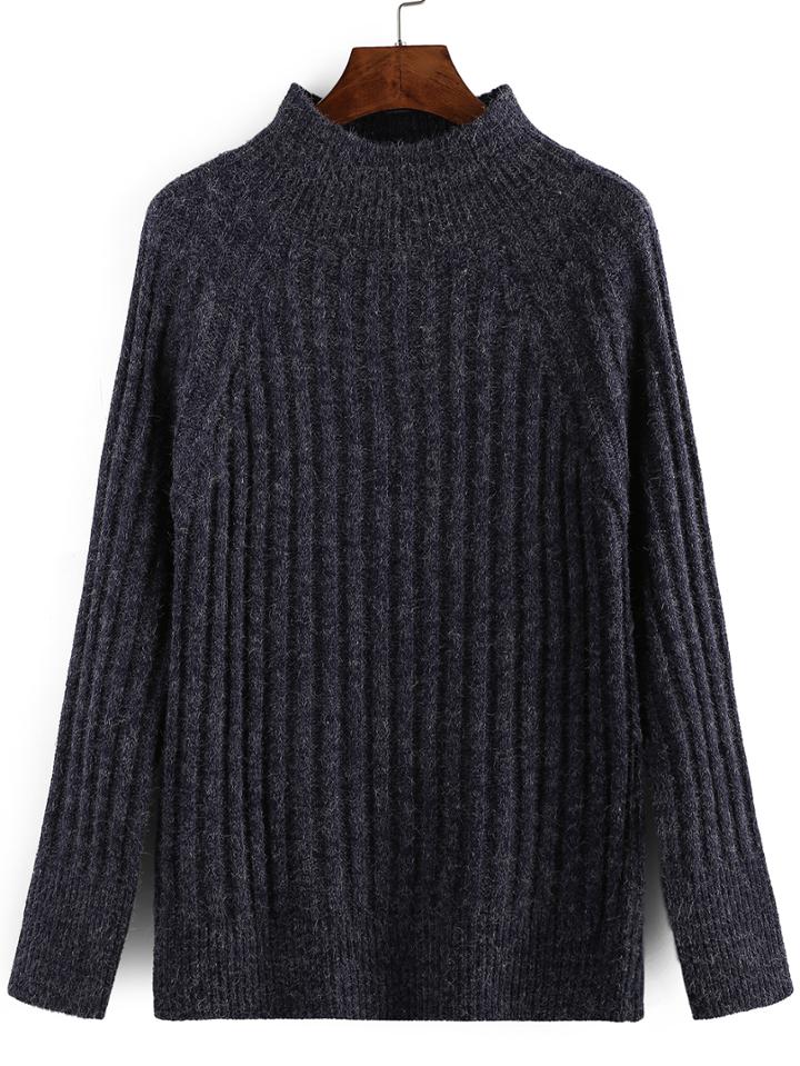 Romwe High Neck Long Sleeve Blue Sweater