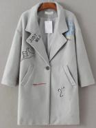 Romwe Grey Letter Embroidery Single Button Coat