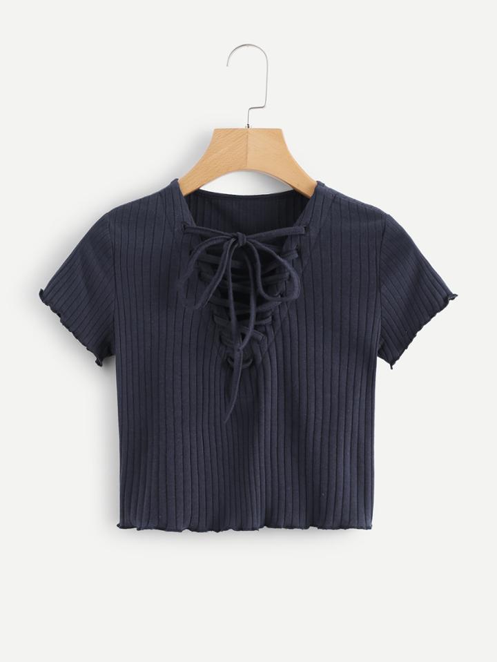 Romwe Lettuce Trim Lace Up Neck Ribbed Tee