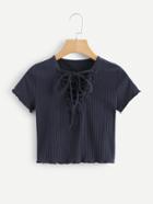 Romwe Lettuce Trim Lace Up Neck Ribbed Tee