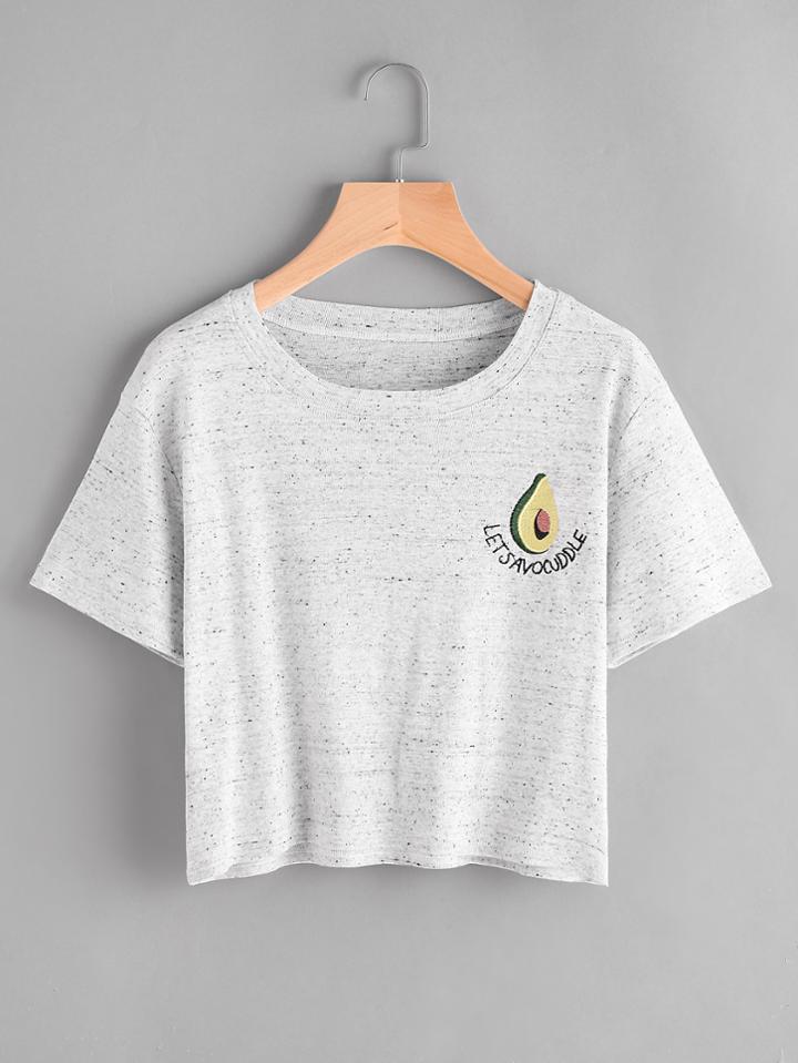 Romwe Slub Shea Fruit Embroidered Tee