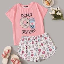 Romwe Graphic Print Top & Curved Hem Shorts Set