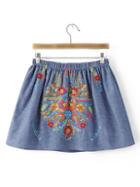 Romwe Blue Embroidery Elastic High Waist Skirt