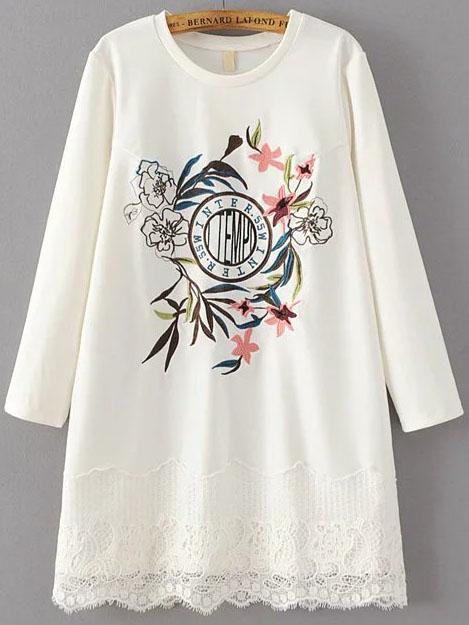 Romwe White Flower Embroidery Lace Hem Dress