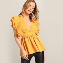 Romwe Pleated Ruffle Embellished Plunging Blouse