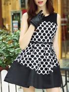 Romwe Black Round Neck Sleeveless Polka Dot Print Knit Dress