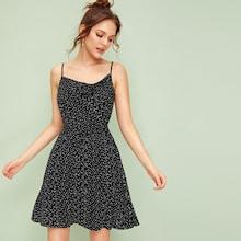 Romwe Polka Dot Drawstring Waist Ruffle Hem Cami Dress