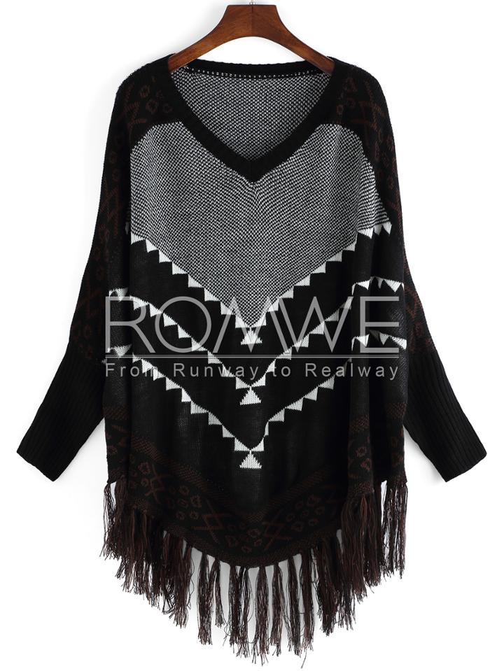 Romwe Black Geometric Print Tassel Sweater