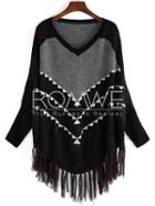 Romwe Black Geometric Print Tassel Sweater