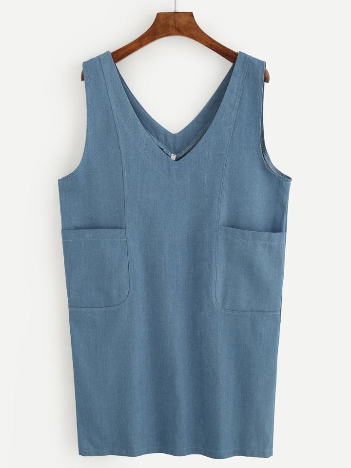 Romwe Blue V Neck Pockets Denim Dress