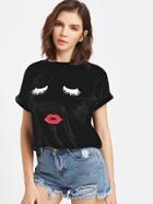 Romwe Black Cartoon Face Print Short Sleeve T-shirt